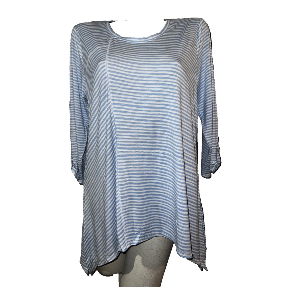 Zenergy by Chicos Blue White Striped Asymmetrical Tunic Top Size L (2) 3/4 Slv